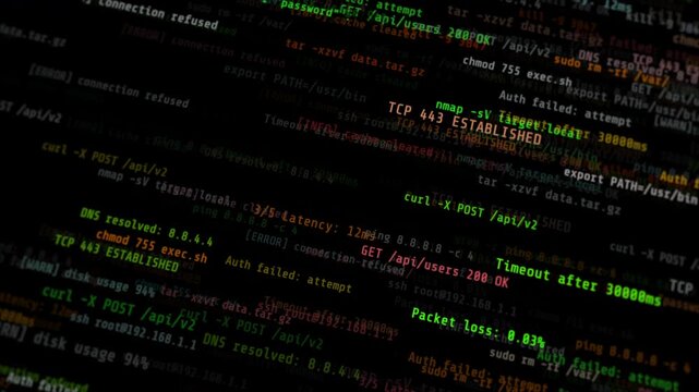 An authentic high-energy command line terminal stream displaying scrolling system code for hacking, DevOps visualizations, and tech thrillers.