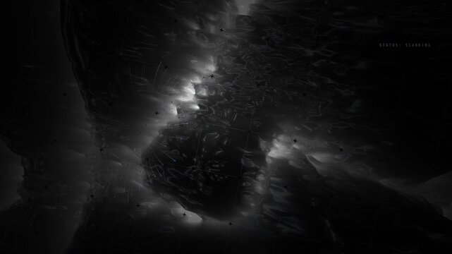 A monochrome topographic surface scan simulation for sci-fi title sequences, planetary exploration visuals, and scientific medical scanning overlays.