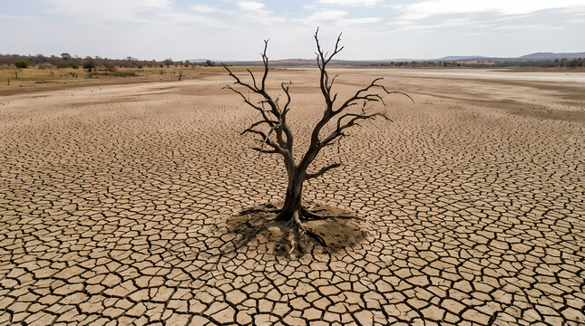 A single dead tree stands in the middle of a vast cracked landscape depicting severe drought conditions where water scarcity has destroyed the natural environment and vegetation in this dry