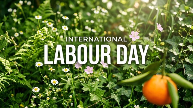 A vibrant international labour day celebration is beautifully displayed with rich green foliage and a bright orange citrus fruit prominently featured in