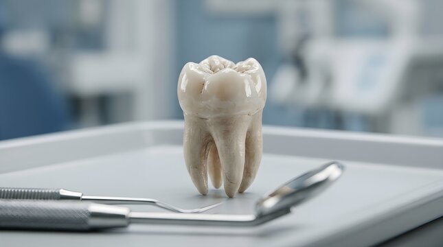 A recently extracted human molar tooth is carefully placed on a stainless steel dental tray alongside various surgical instruments in a clinic