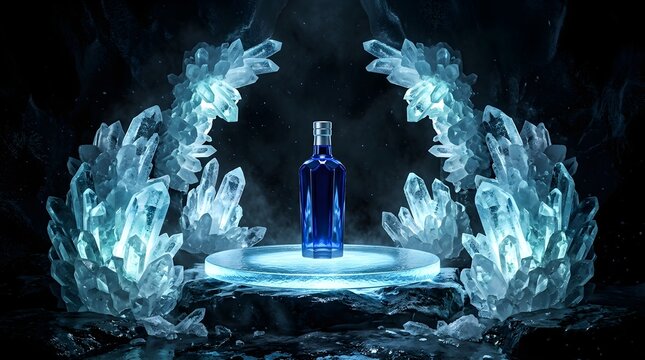 A beautifully presented elegant perfume bottle is showcased with dramatic lighting and cascading water creating a truly luxurious and sophisticated atmosphere