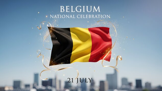 Belgium National Day celebration with waving flag and city skyline