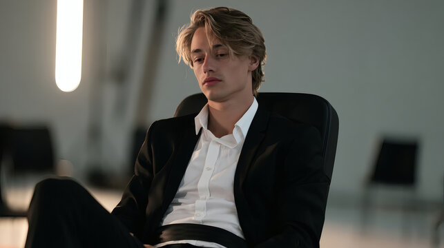 Young man in a black suit sits thoughtfully in a modern office, looking pensive. Contemporary business concept, focus on emotions and professional style.