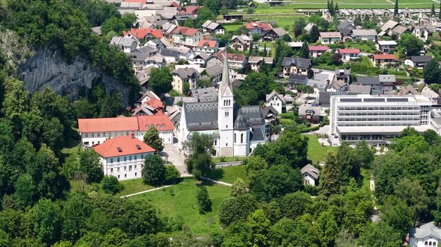 Lake Bled, Slovenia. Drone Shot of Saint Martin&rsquo;s Church on Sunny Summer Day