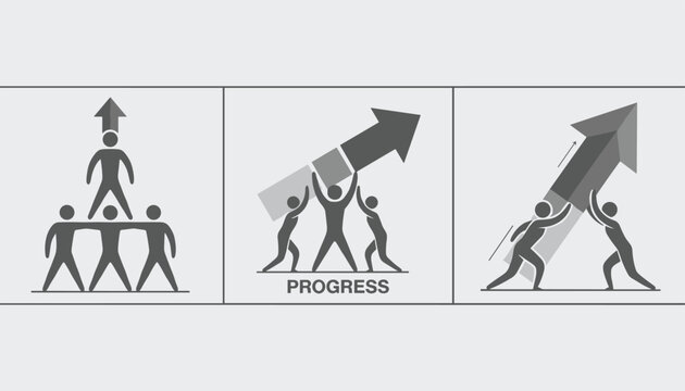 Three monochrome infographic frames showing teamwork concepts like building pyramids and pushing arrows to progress.