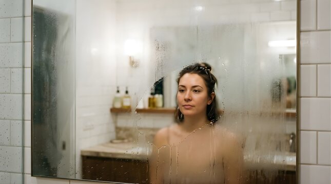 Young woman looking at reflection in a steamed bathroom mirror at home