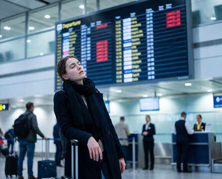 Exhausted passenger waiting beneath a flight information board showing cancellations, illustrating travel disruption, delays and airport fatigue.
