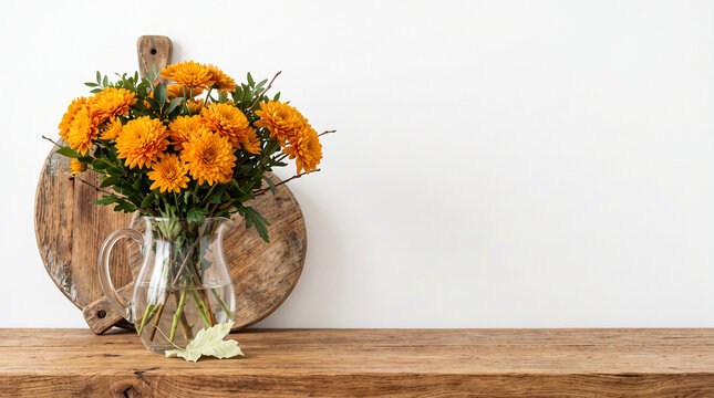 Bright orange chrysanthemums in a glass pitcher on a wooden surface with a rustic board behind, symbolizing autumn and home decor