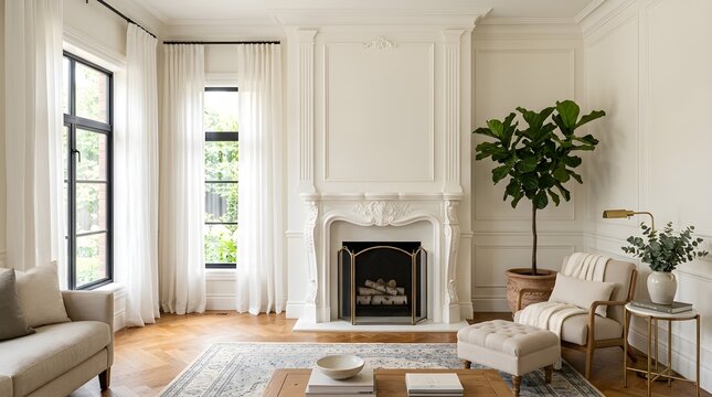 A bright and airy living room interior features a cozy fireplace neutral color palettes and expansive large windows for a welcoming and