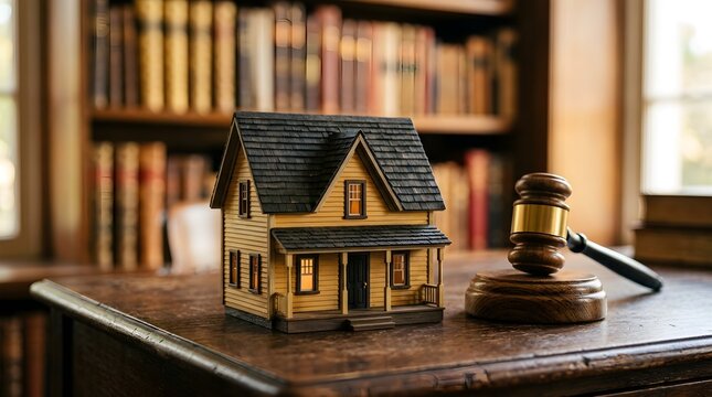 A small detailed house model is carefully placed on top of a wooden gavel in front of a law library