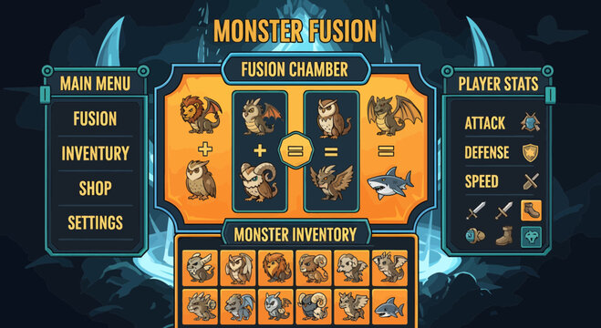 Monster Fusion Game Interface with Inventory and Stats.