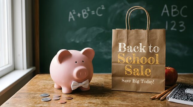 A vibrant pink ceramic piggy bank is positioned close to a brown paper bag locked with a shiny metal padlock inside a