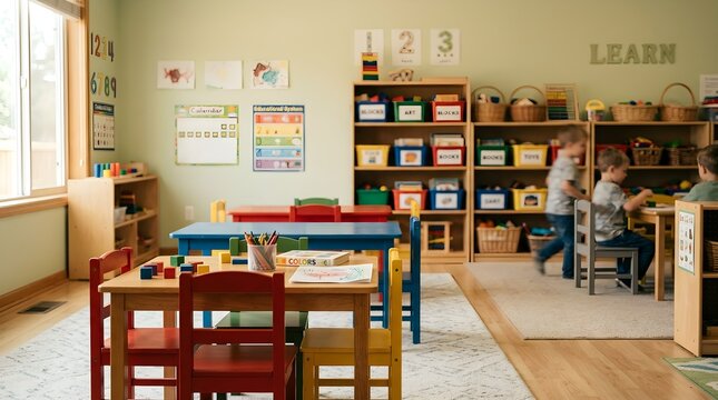 A vibrant and cheerful elementary school classroom features student desks bookshelves and colorful artwork displayed on the walls during a typical school