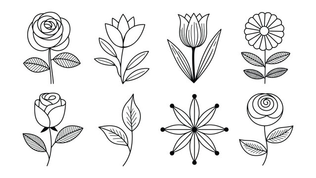 Set of various flowers line icons