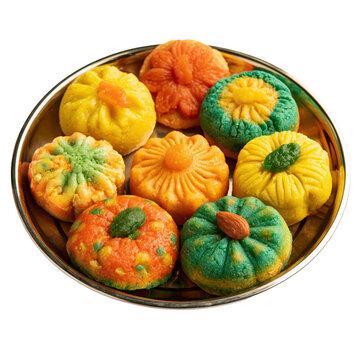 Delicious sandesh arranged on a round plate with bright colors and decorative shapes made from sweet ingredients