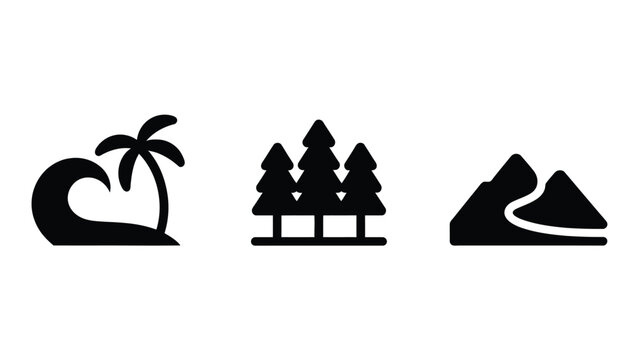 Nature icons set including ocean wave, pine forest and mountains