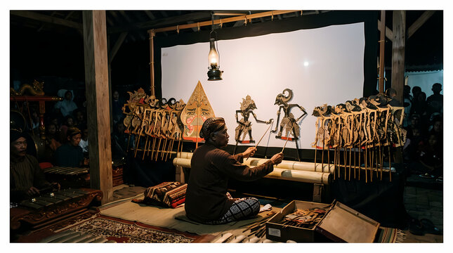 A traditional Indonesian puppeteer performs a shadow play during a night show using handcrafted leather characters illuminated by light on a screen while villagers gather to watch the old