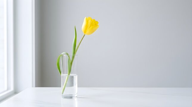 A single vibrant yellow tulip gracefully displayed in a transparent glass vase rests peacefully on a bright white windowsill illuminated by gentle