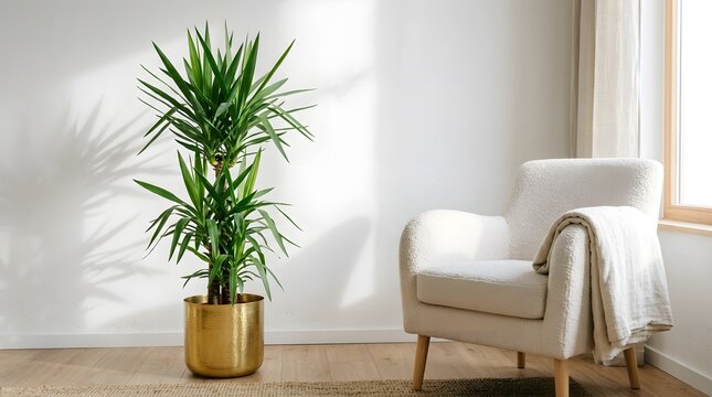 A beautifully designed interior space showcases a large potted palm tree alongside a cozy armchair illuminated by gentle and inviting natural sunlight