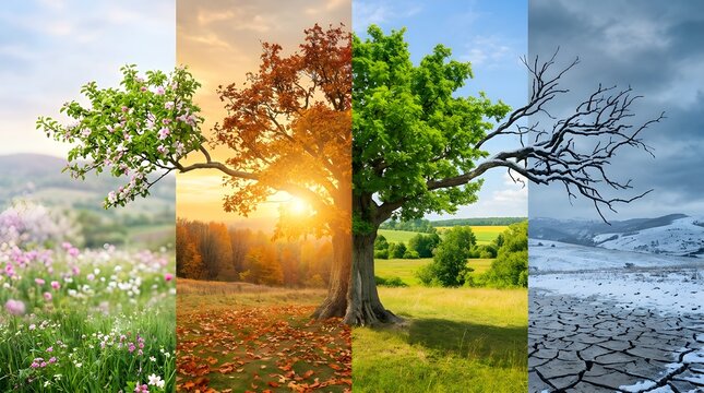 A stunning composite photograph displays one lone tree gracefully transitioning through spring summer autumn and winter within a picturesque natural landscape