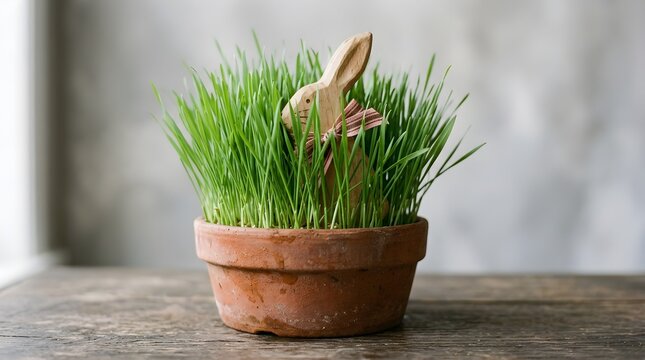 A charming and adorable bunny rabbit is curiously peeking out from a vibrant patch of lush green wheatgrass in a rustic terracotta