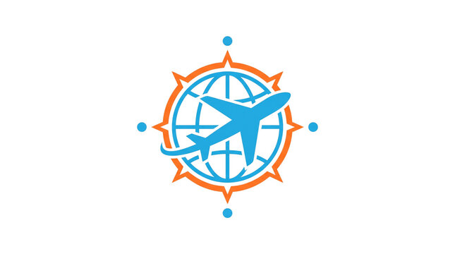 Modern travel logo with airplane and globe, compass rose navigation icon, blue and orange aviation symbol for tourism isolated PNG with Transparent Background