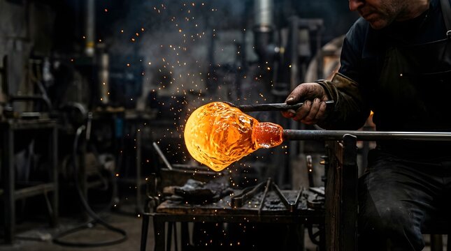 Artisan glassblower shaping molten glass with tools in a dark workshop
