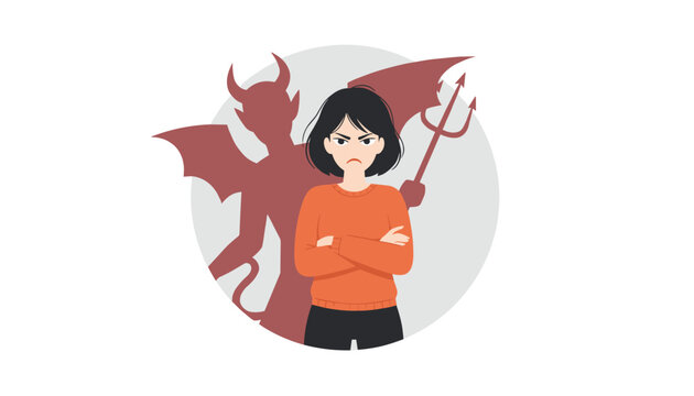 Angry young woman with folded arms standing in front of her red devil shadow holding a pitchfork on a grey background.