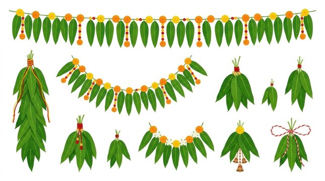 Traditional indian decorative door hangings made of green mango leaves and marigold flowers isolated on a white background