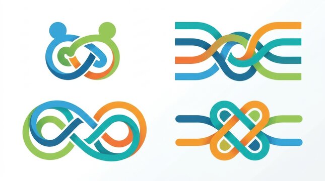 Set of abstract colorful knot and loop icons representing connection unity teamwork and complex network structures on white background