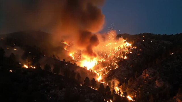 Wildfire Blaze: A raging wildfire consumes a mountainside at night, with flames illuminating the sky and smoke billowing into the darkness. A scene of destruction and powerful natural force