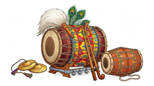 Traditional indian musical instruments including a decorated dholak drum and small brass cymbals isolated on a white background