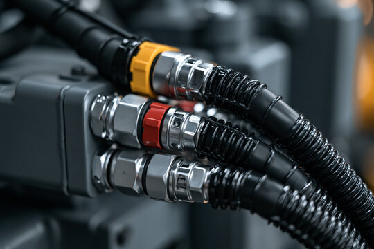 Industrial machinery connection with metal hoses and colored plastic fittings. Engineering concept for mechanical systems and equipment maintenance.