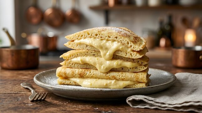 A stack of freshly made pancakes with oozing cream cheese on a plate.
