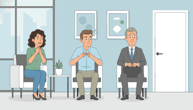 Diverse candidates feel nervous and anxious while sitting in a waiting room before a crucial job interview.