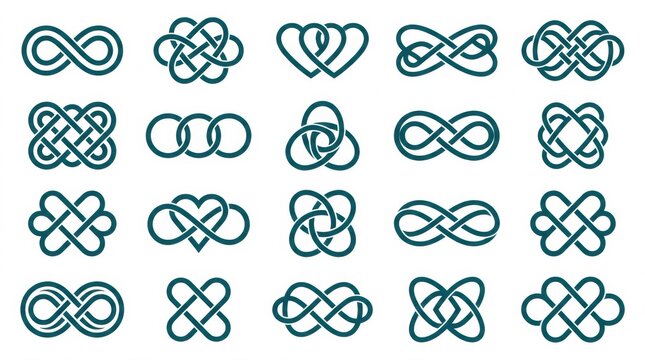 A collection of various intricate celtic knot designs and infinity symbols arranged in a grid on white background