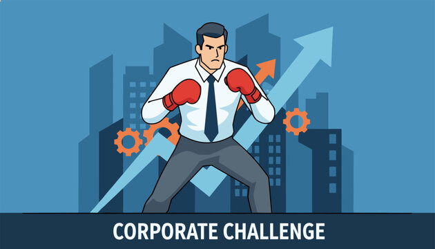 Determined corporate worker wearing red boxing gloves stands ready for an intense business or market challenge.