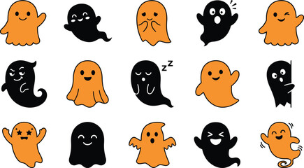 Obraz premium Cute Halloween ghost icons set, orange and black spooky spirits collection, 15 cartoon ghost characters in EPS format for festive decor