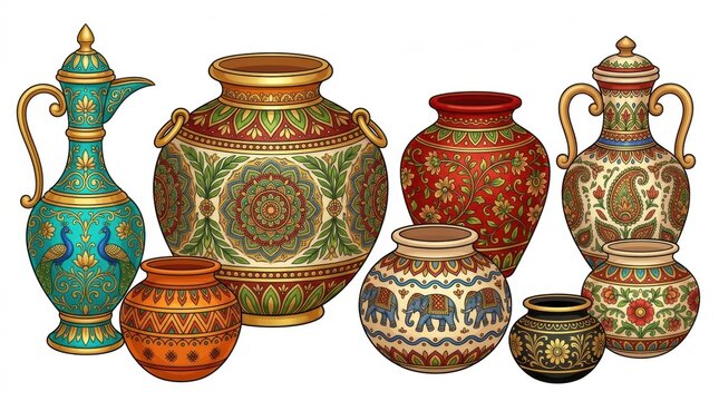 A collection of ornate handcrafted ceramic vases and decorative pottery vessels isolated on a clean white studio background surface
