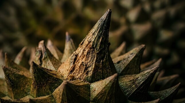 Macro shot of durian fruit skin with sharp, thorny spikes.