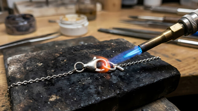 Professional goldsmith uses a blue torch flame to melt and solder a metal link on a silver chain necklace within a craft workshop where handmade jewelry creation requires high levels of precision