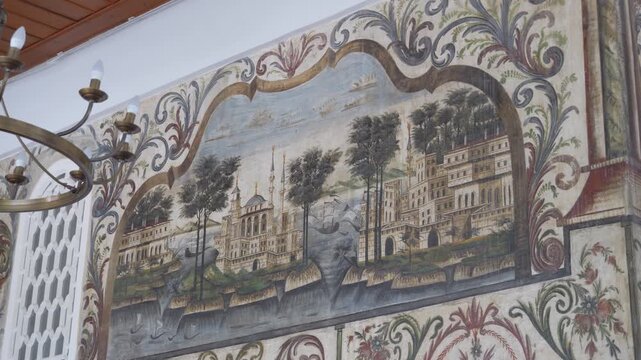 Ethem Bey Mosque Interior Frescoes In Tirana Albania With Brass Chandelier And Wooden Ceiling