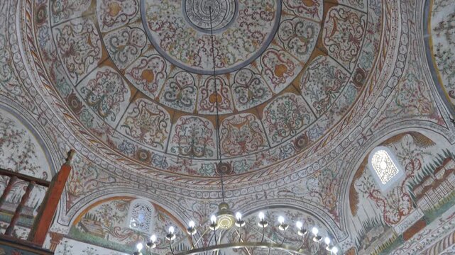 Ethem Bey Mosque Painted Dome Ceiling In Tirana Albania With Brass Chandelier And Frescoes
