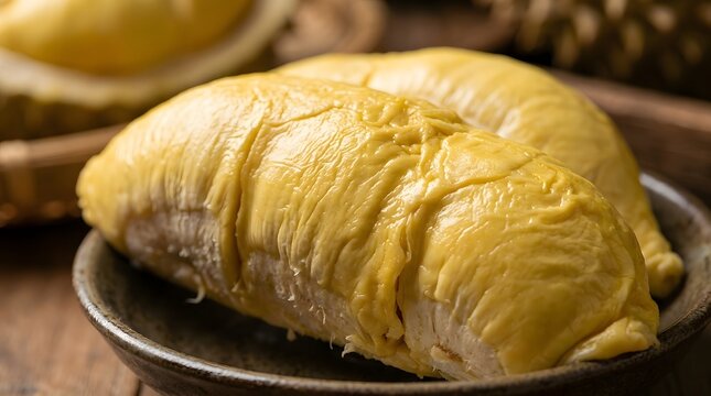 Fresh ripe durian fruit segments served on a dark plate.