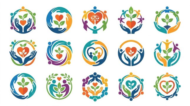 Collection of colorful circular logo designs featuring abstract human figures hands and heart shapes representing community care and unity