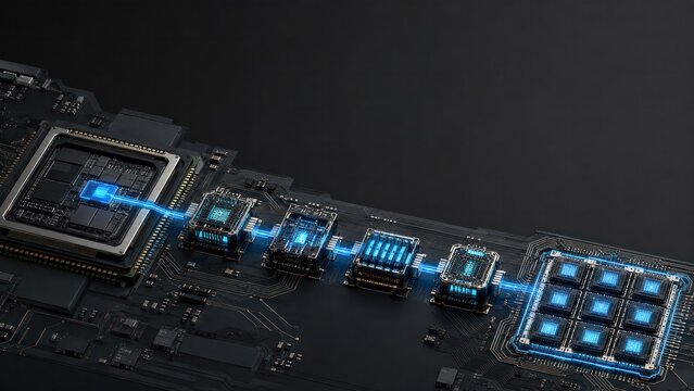 Distributed AI processors connected through glowing data pipeline