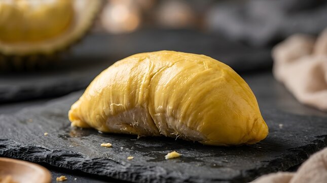 A single piece of fresh yellow durian fruit on a dark slate surface.