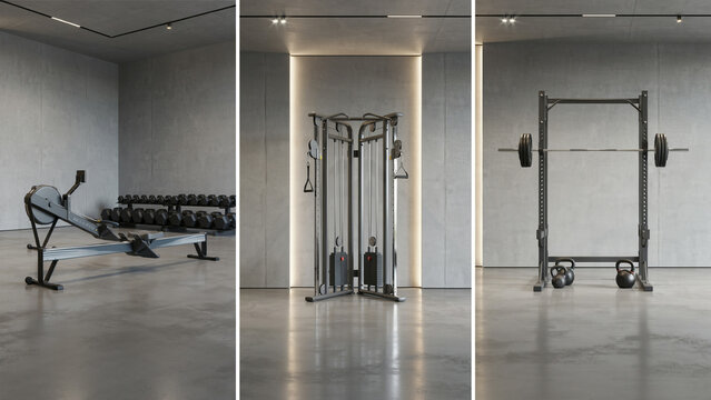Three views of gym equipment in a concrete room with minimalist interior and soft lighting