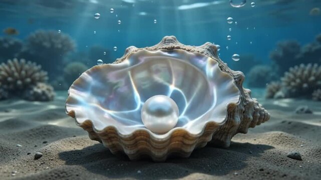 Pearl Shell Underwater on Sandy Seabed with Tropical Fish and Light 4K